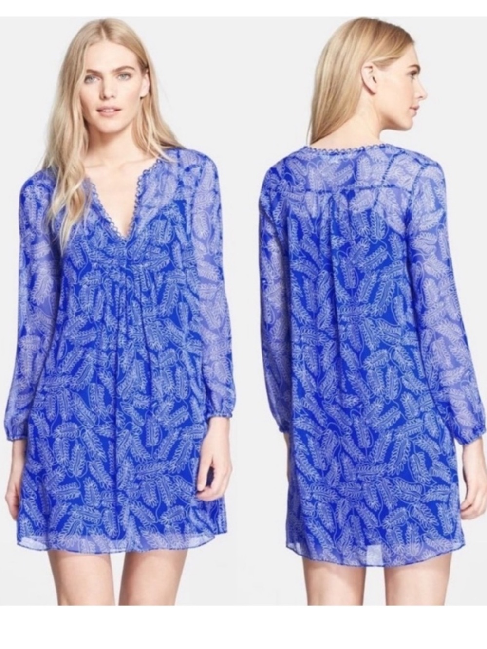 Diane Von Furstenberg Aria SILK Blue Botanical Printed Long Sheer Sleeve Dress